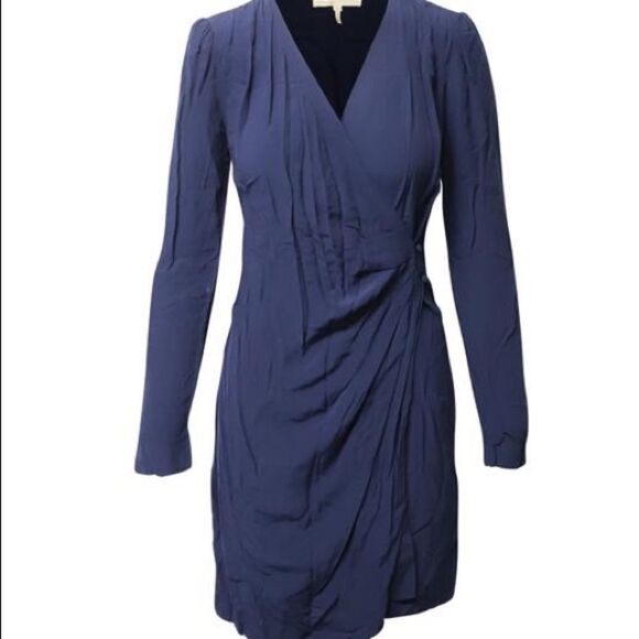 ✨HP✨Renie V-neck Long-sleeve Wrap In Navy Blue Viscose Short Casual Dress✨ - Picture 3 of 12